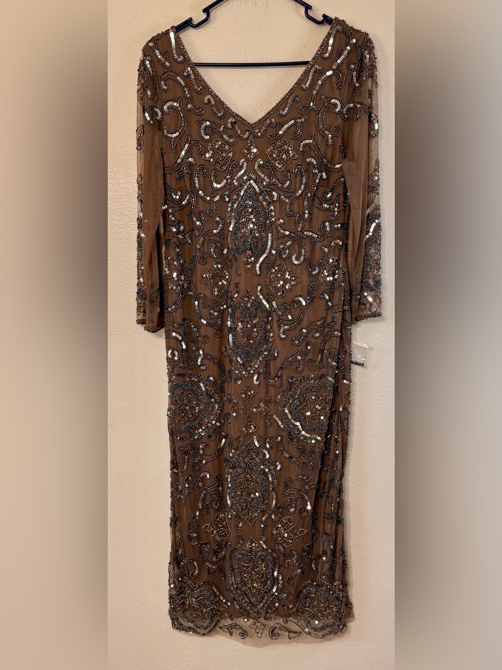 Pisaro Nights Size 12 Bronze Beaded Sequin Long Sleeve Formal Gown